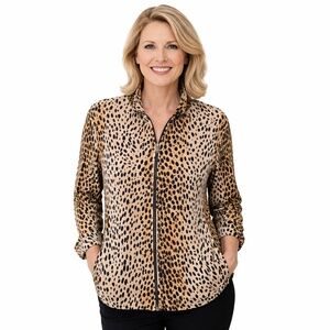 JANE ASHLEY Casual Lifestyle Velour Velvet Stretch Leopard Zip Jacket Plus Sz 3X